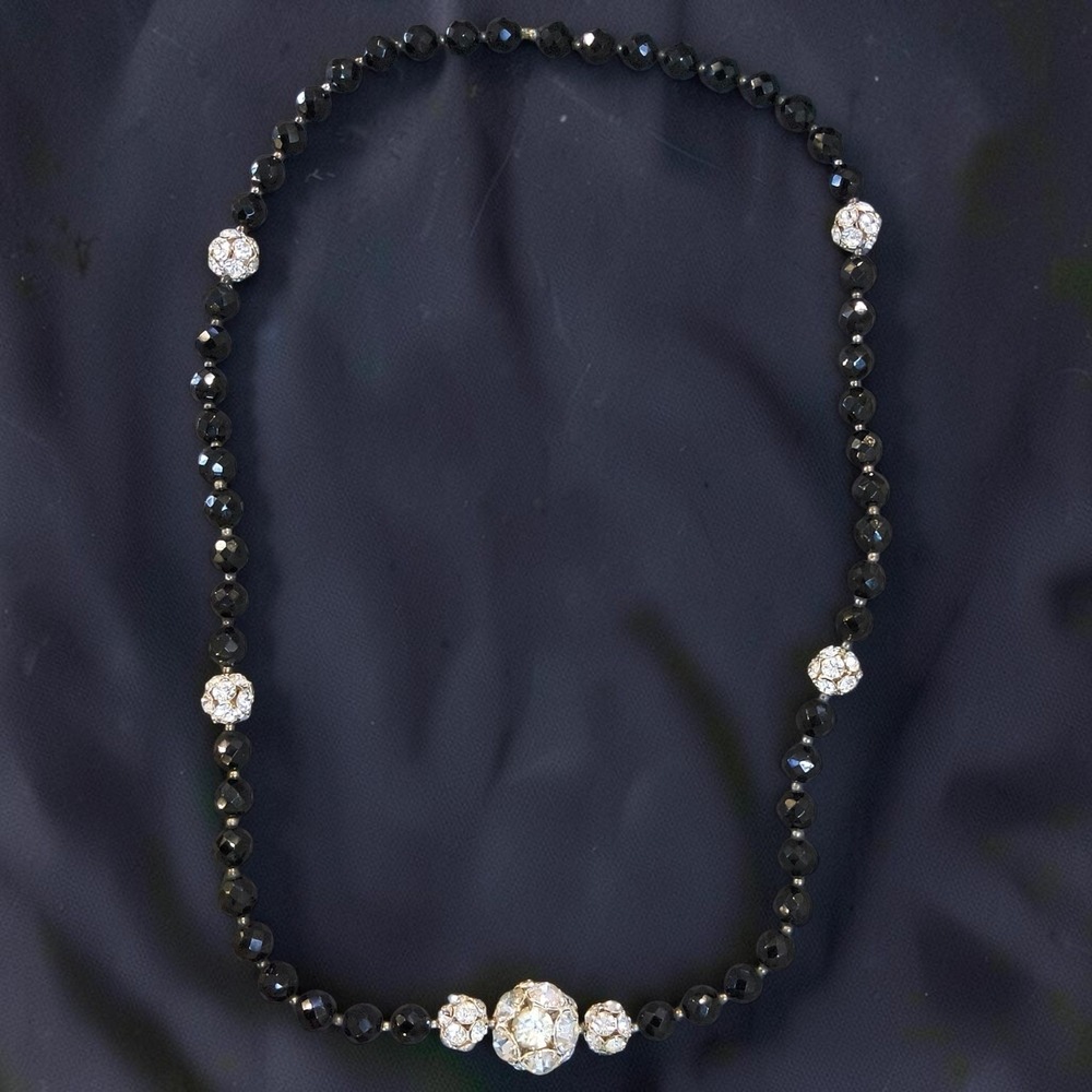 Vintage Black Glass Crystal Fireball Necklace